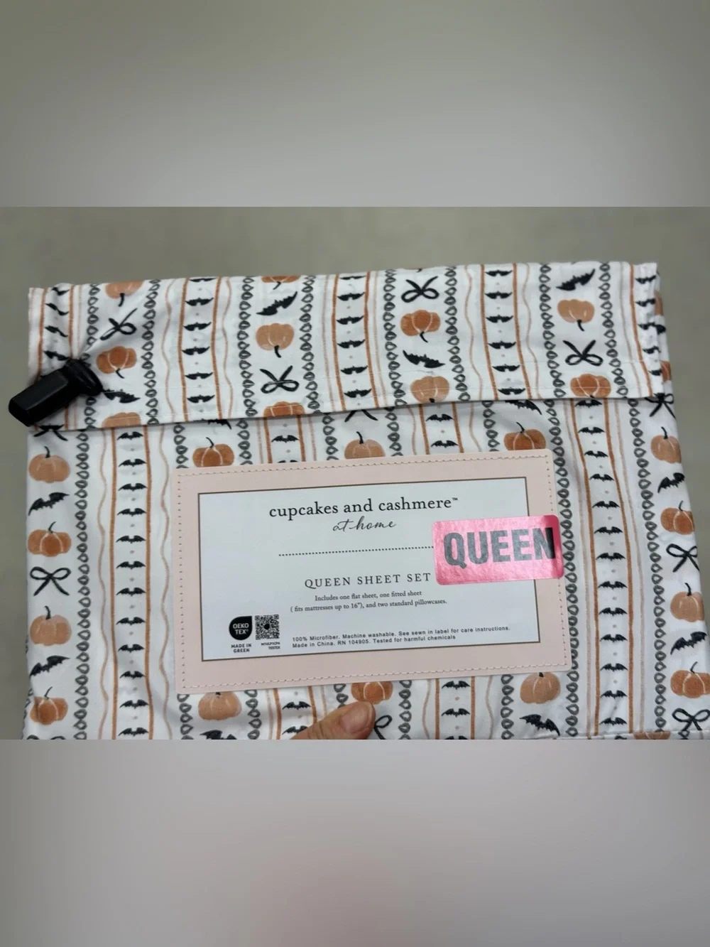 cupcakes & cashmere Pumpkin Stripe Queen Sheet Set - White, Tan, Black